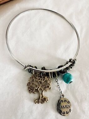 Artisan Silver-tone Family Tree Charm Bracelet with Turquoise Accent
